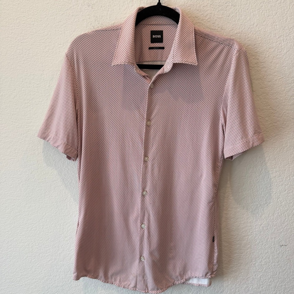 Hugo Boss Mens Slim Fit Short Sleeve Button Down Shirt Pink Geometric Print S